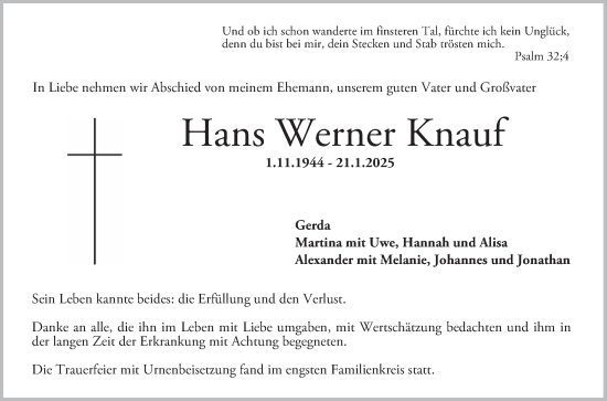 Traueranzeige von Hans Werner Knauf von Bergsträßer Anzeiger