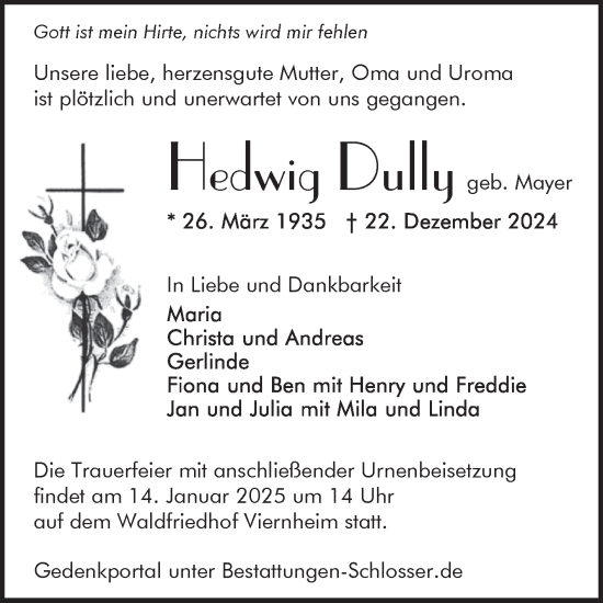 Traueranzeige von Hedwig Dully von Mannheimer Morgen