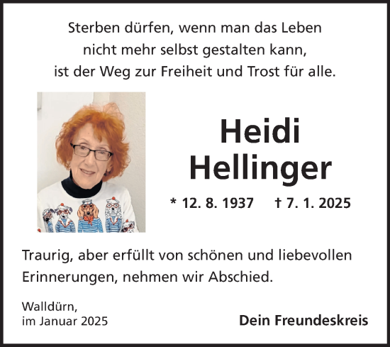 Traueranzeige von Heidi Hellinger von Fränkische Nachrichten