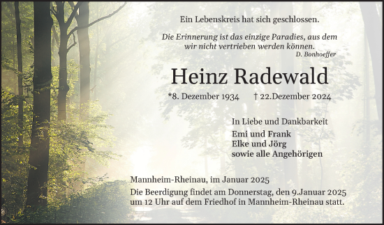 Traueranzeige von Heinz Radewald von Mannheimer Morgen