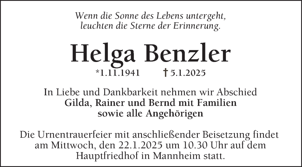  Traueranzeige für Helga Benzler vom 11.01.2025 aus Mannheimer Morgen