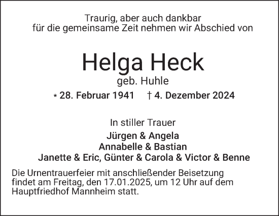 Traueranzeige von Helga Heck von Mannheimer Morgen