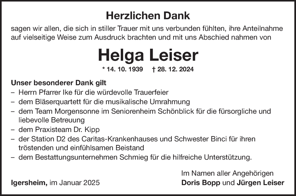  Traueranzeige für Helga Leiser vom 25.01.2025 aus Fränkische Nachrichten