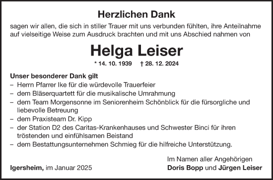 Traueranzeige von Helga Leiser von Fränkische Nachrichten