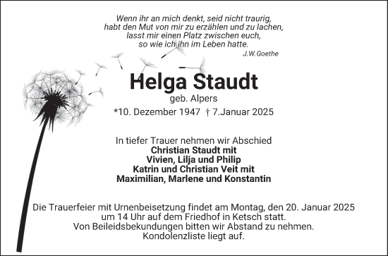 Traueranzeige von Helga Staudt von Schwetzinger Zeitung