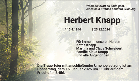 Traueranzeige von Herbert Knapp von Schwetzinger Zeitung