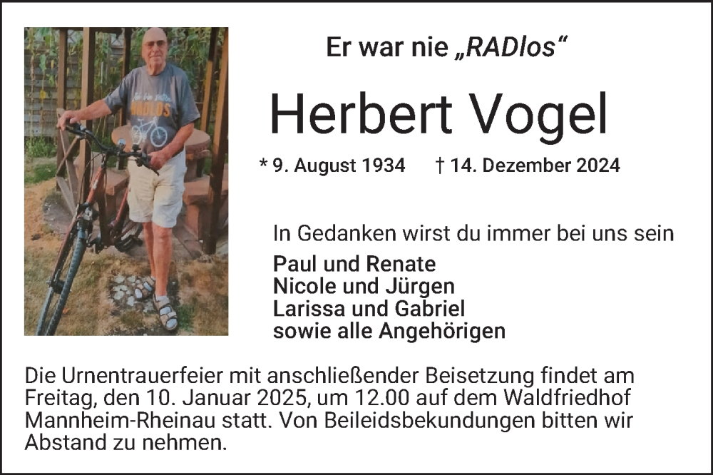  Traueranzeige für Herbert Vogel vom 04.01.2025 aus Mannheimer Morgen