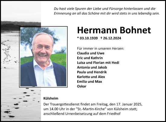 Traueranzeige von Hermann Bohnet von Fränkische Nachrichten