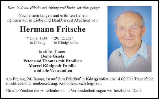 Traueranzeige von Hermann Fritsche von Fränkische Nachrichten