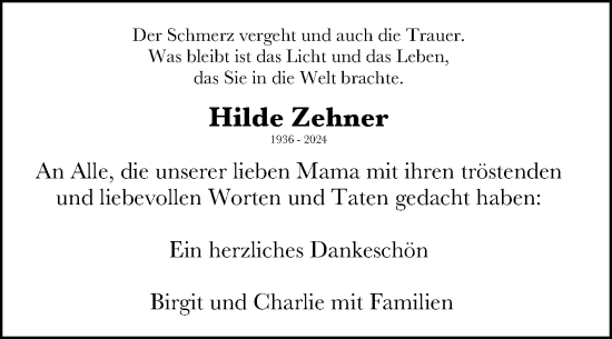 Traueranzeige von Hilde Zehner von Mannheimer Morgen