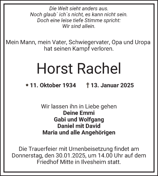 Traueranzeige von Horst Rachel von Mannheimer Morgen