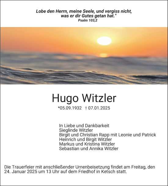 Traueranzeige von Hugo Witzler von Schwetzinger Zeitung