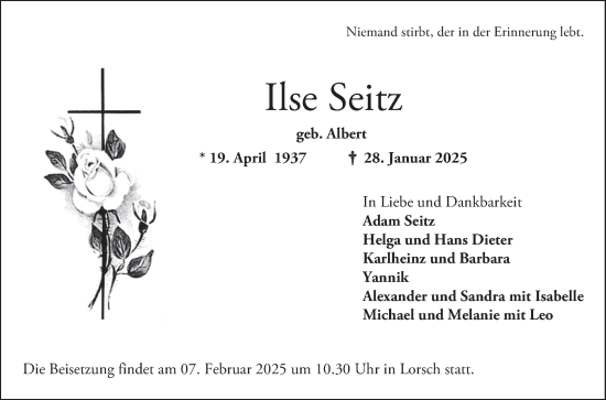 Traueranzeige von Ilse Seitz von Bergsträßer Anzeiger