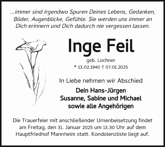 Traueranzeige von Inge Feil von Mannheimer Morgen