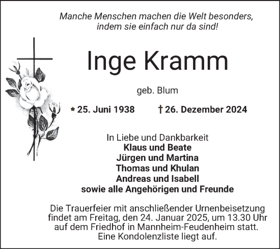 Traueranzeige von Inge Kramm von Mannheimer Morgen