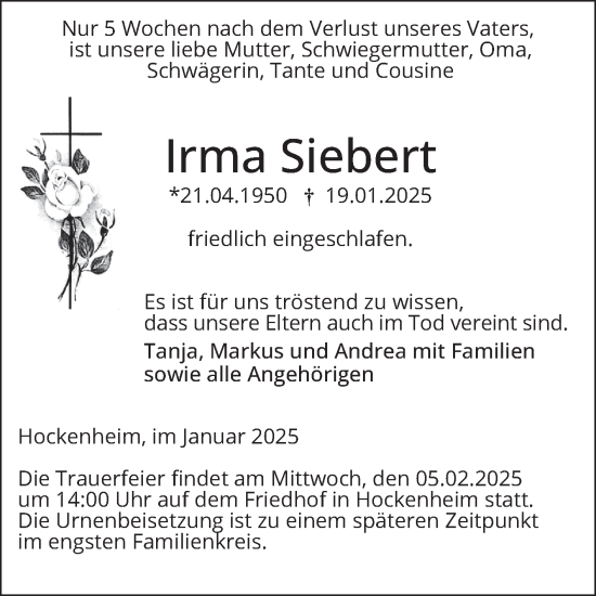 Traueranzeige von Irma Siebert von Schwetzinger Zeitung