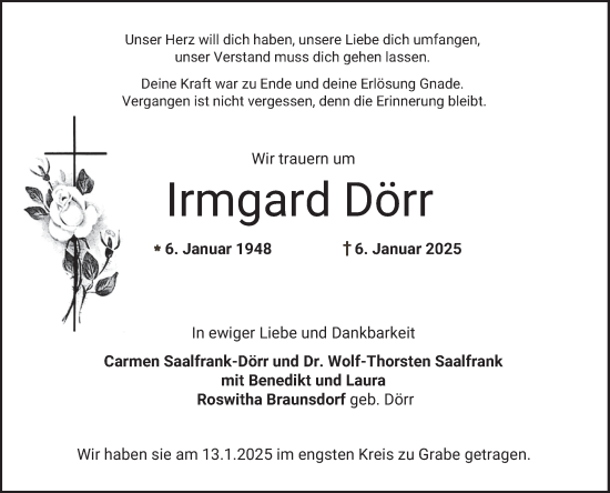 Traueranzeige von Irmgard Dörr von Bergsträßer Anzeiger