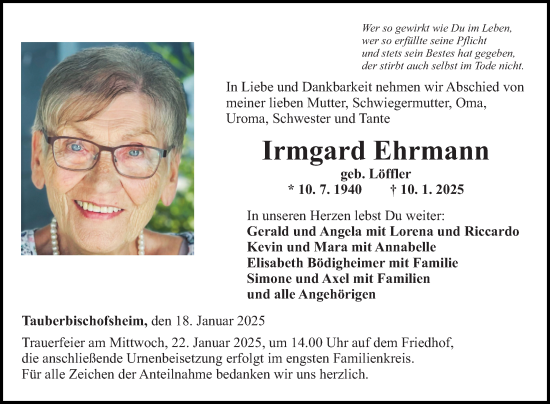 Traueranzeige von Irmgard Ehrmann von Fränkische Nachrichten