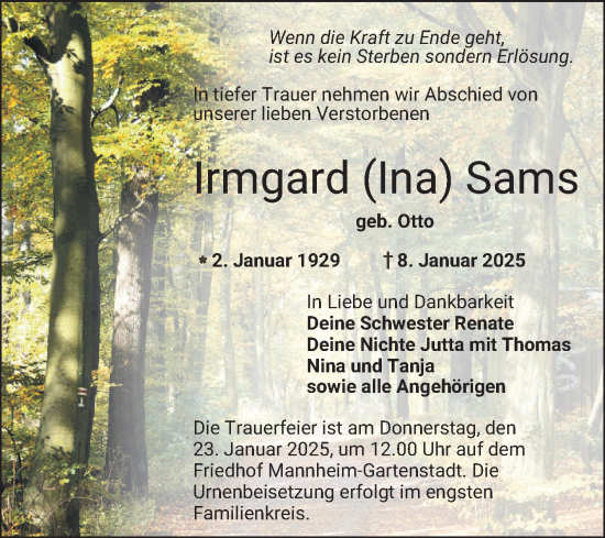 Traueranzeige von Irmgard Sams von Mannheimer Morgen