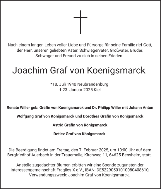 Traueranzeige von Joachim Graf von Koenigsmarck von Bergsträßer Anzeiger