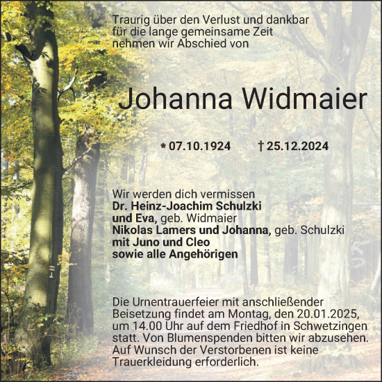 Traueranzeige von Johanna Widmaier von Schwetzinger Zeitung