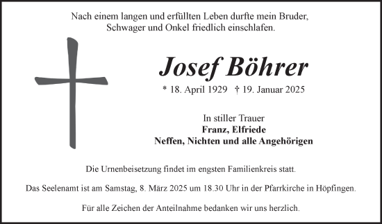 Traueranzeige von Josef Böhrer von Fränkische Nachrichten