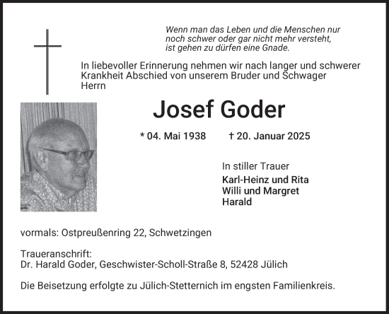Traueranzeige von Josef Goder von Schwetzinger Zeitung
