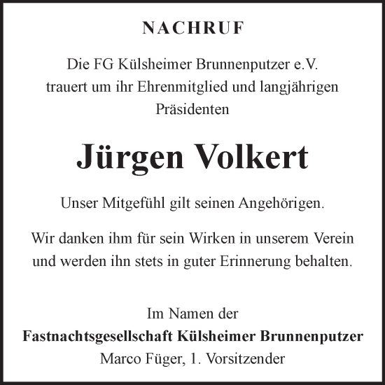 Traueranzeige von Jürgen Volkert von Fränkische Nachrichten