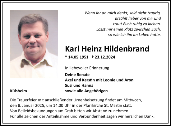 Traueranzeige von Karl Heinz Hildenbrand von Fränkische Nachrichten