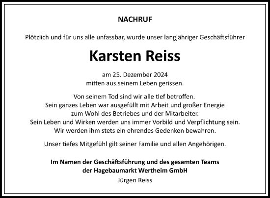 Traueranzeige von Karsten Reiss von Fränkische Nachrichten