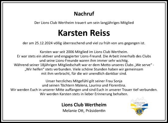 Traueranzeige von Karsten Reiss von Fränkische Nachrichten