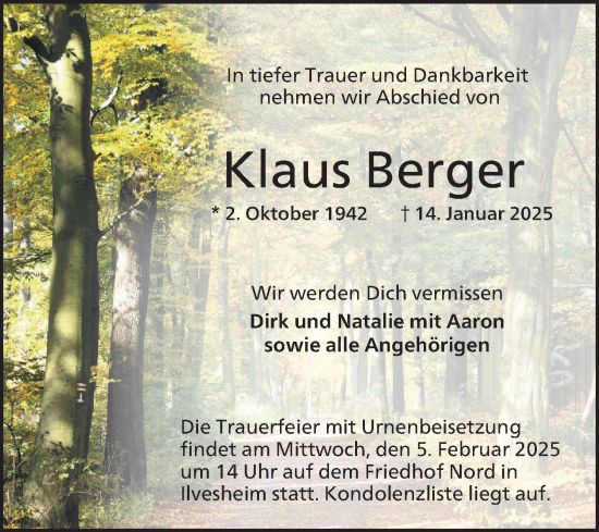 Traueranzeige von Klaus Berger von Mannheimer Morgen