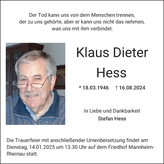 Traueranzeige von Klaus Dieter Hess von Mannheimer Morgen