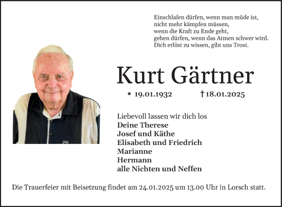Traueranzeige von Kurt Gärtner von Bergsträßer Anzeiger