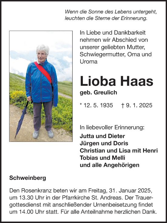 Traueranzeige von Lioba Haas von Fränkische Nachrichten