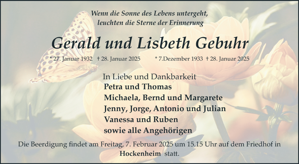 Traueranzeige für Lisbeth Gebuhr vom 01.02.2025 aus Schwetzinger Zeitung