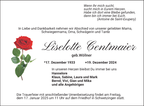 Traueranzeige von Liselotte Gentmaier von Schwetzinger Zeitung