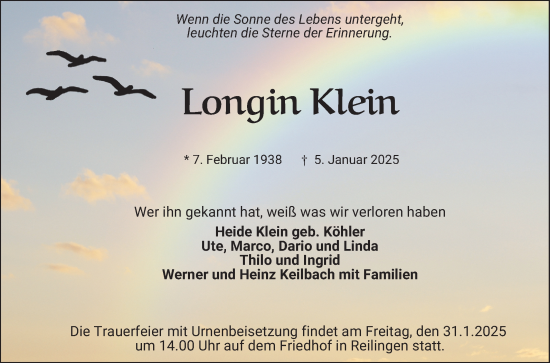 Traueranzeige von Longin Klein von Schwetzinger Zeitung