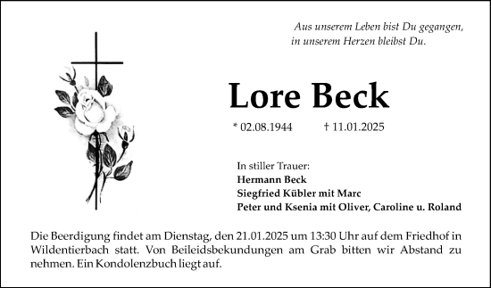 Traueranzeige von Lore Beck von Fränkische Nachrichten