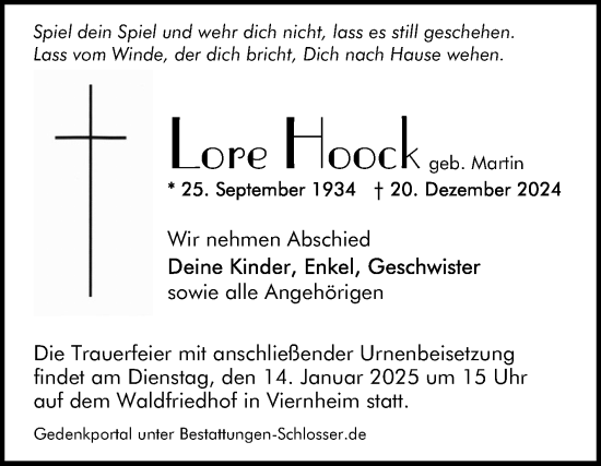 Traueranzeige von Lore Hoock von Mannheimer Morgen