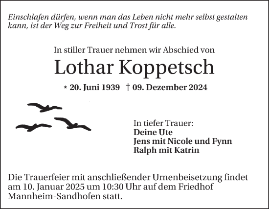 Traueranzeige von Lothar Koppetsch von Mannheimer Morgen