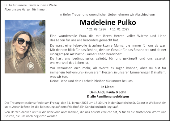 Traueranzeige von Madeleine Pulko von Fränkische Nachrichten
