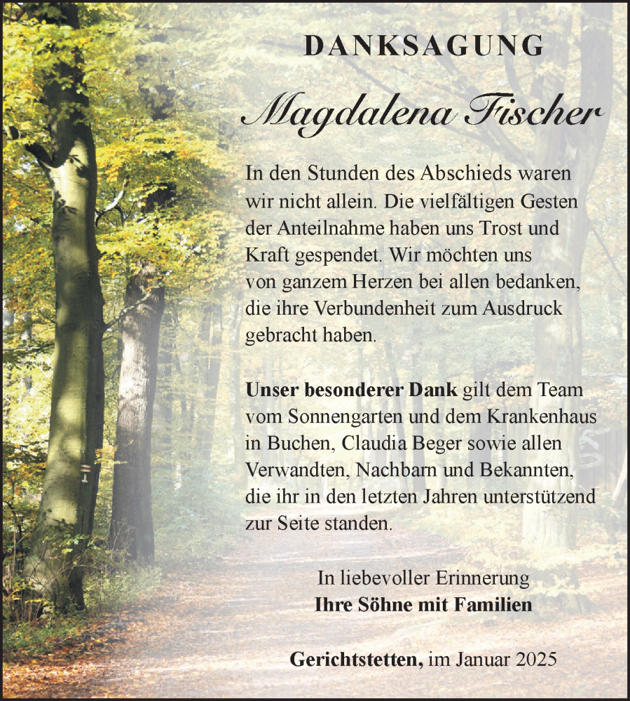  Traueranzeige für Magdalena Fischer vom 25.01.2025 aus Fränkische Nachrichten