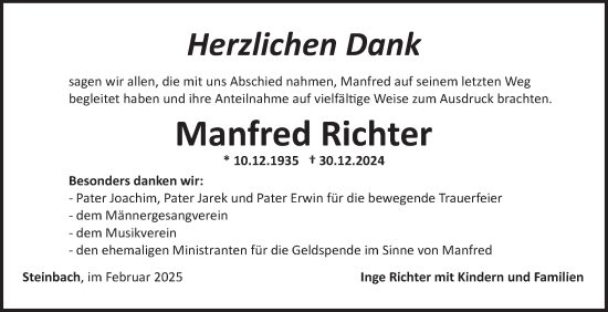 Traueranzeige von Manfred Richter von Fränkische Nachrichten