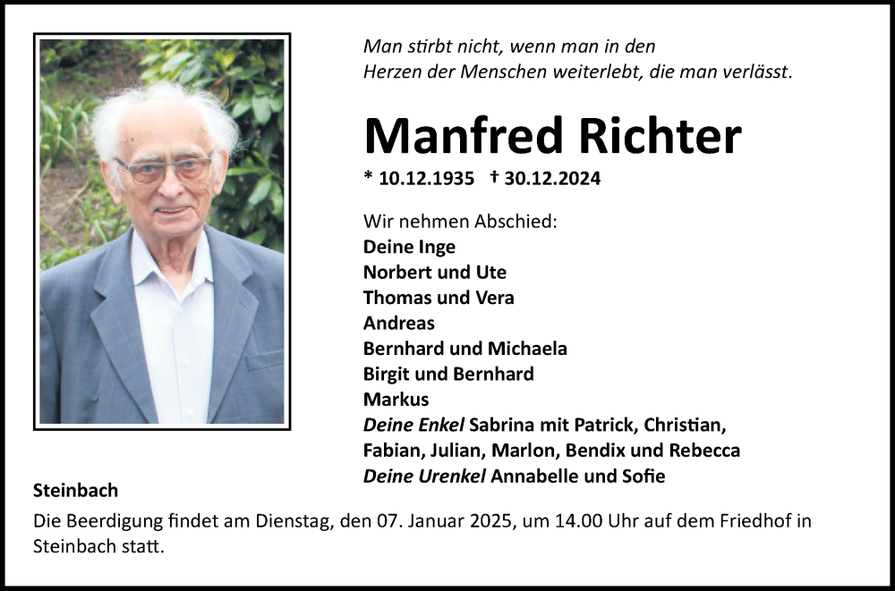  Traueranzeige für Manfred Richter vom 03.01.2025 aus Fränkische Nachrichten