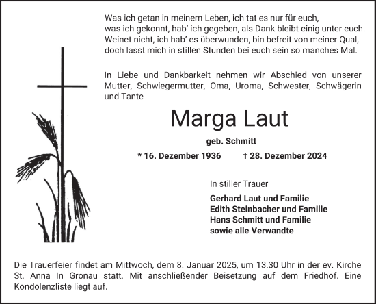 Traueranzeige von Marga Laut von Bergsträßer Anzeiger