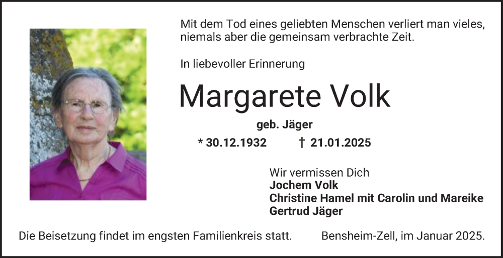  Traueranzeige für Margarete Volk vom 25.01.2025 aus Bergsträßer Anzeiger