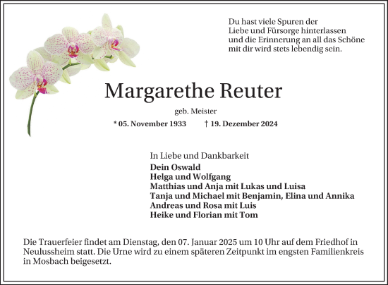 Traueranzeige von Margarethe Reuter von Schwetzinger Zeitung