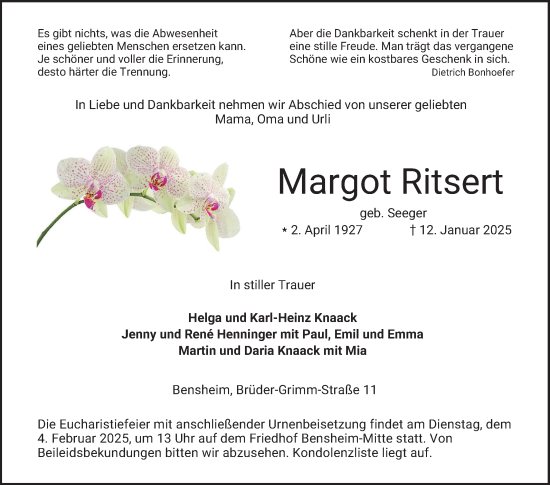 Traueranzeige von Margot Ritsert von Bergsträßer Anzeiger