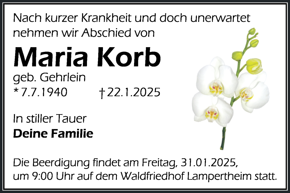  Traueranzeige für Maria Korb vom 25.01.2025 aus Mannheimer Morgen